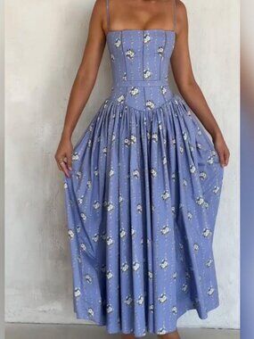 House of CB Ysabella Blue Daisy Print Stretch Cotton Midi Sundress (Regular A-C)